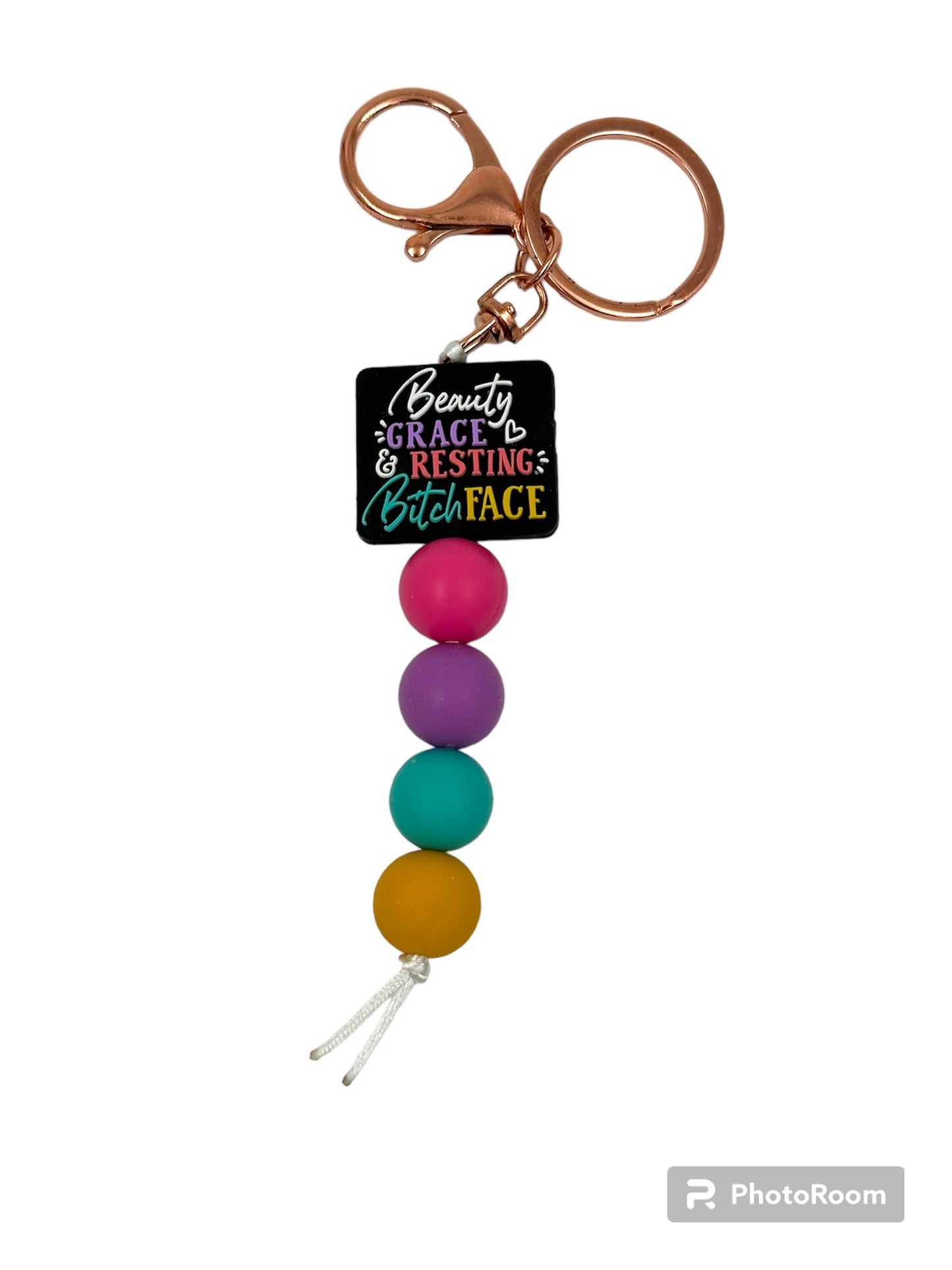 Beauty, Grace and Resting Bitch Face Silicone Beaded Keyrings Ready to Ship