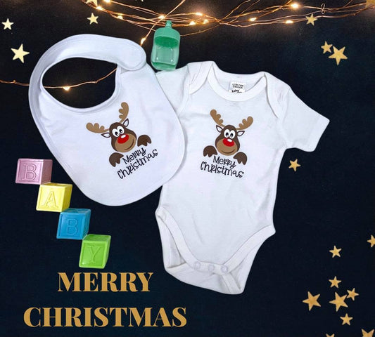 Merry Christmas Baby Bodysuit and Bib set unisex gift newborn