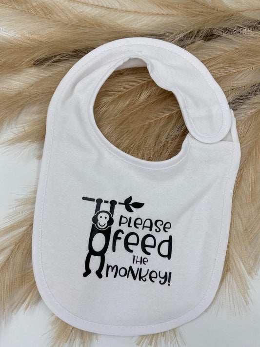 Funny Saying Baby Bibs Personalised Baby Shower New MUM Custom Please Feed the Monkey