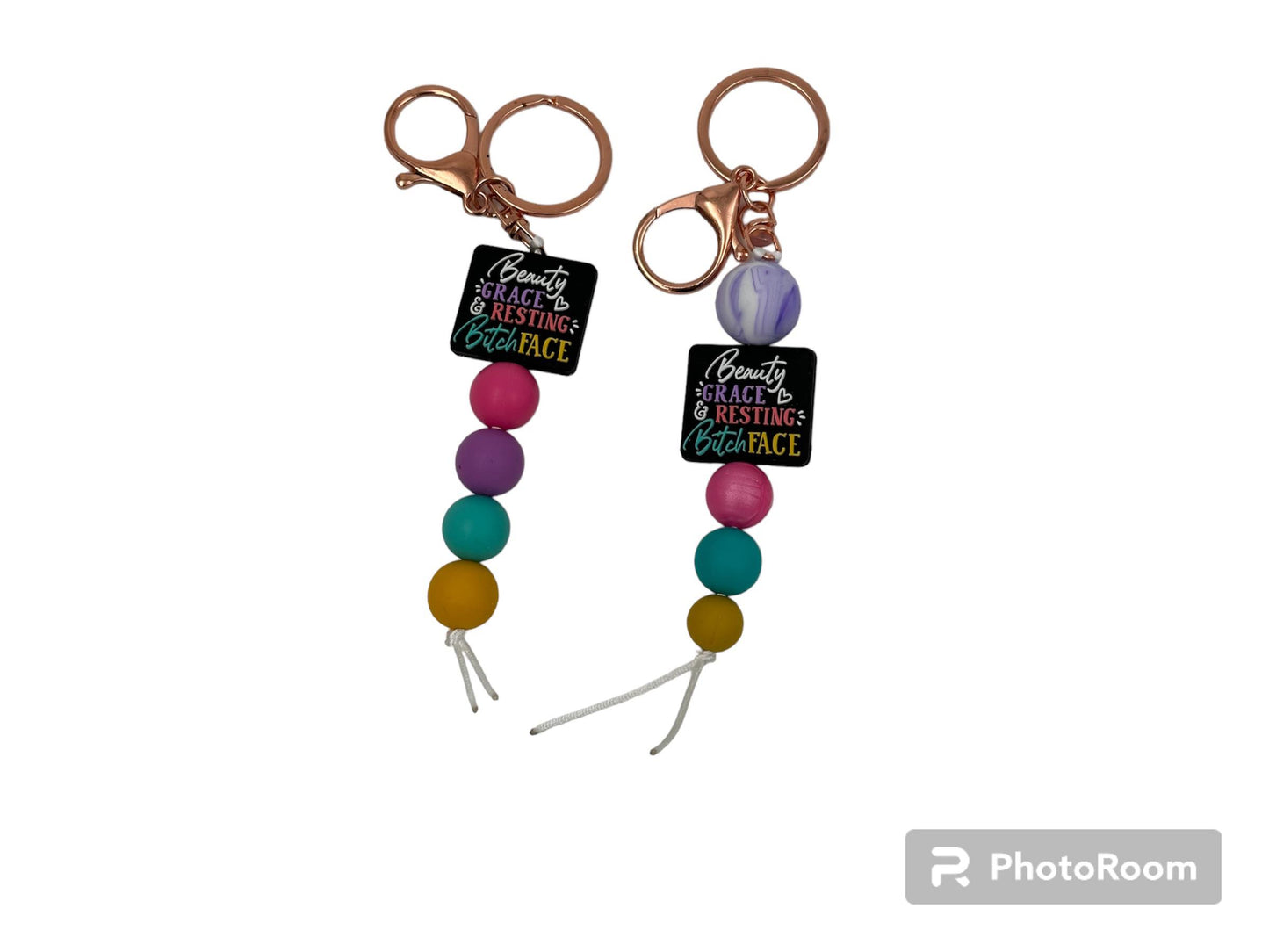 Beauty, Grace and Resting Bitch Face Silicone Beaded Keyrings Ready to Ship