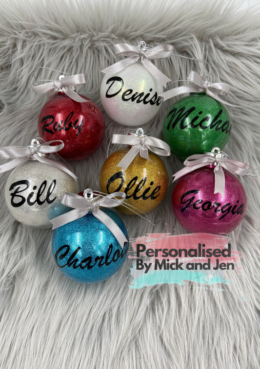 Personalised Xmas Baubles Christmas Glitter Shatterproof 80mm