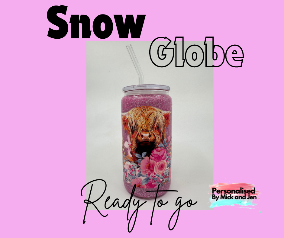 16oz Snowglobe Tumbler with Highland Cow and Pink Glitter Ready to Ship
