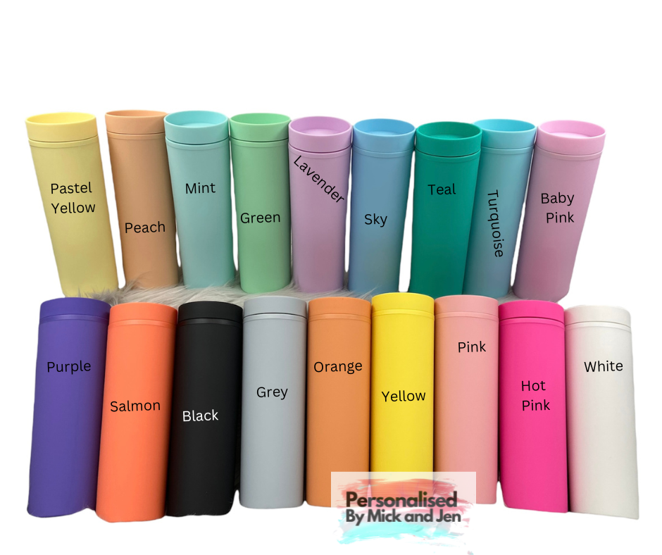 Personalised Skinny Tumbler Water Bottle Acrylic Tumblr Gift Travel Double-Walled Matt 16oz 473mls Screw lid