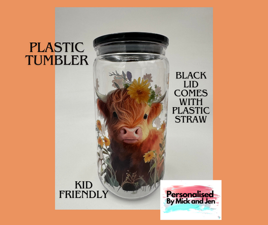 Plastic Kid Friendly 16oz 473mls  Highland Cow Daisy Tumbler Ready to Ship