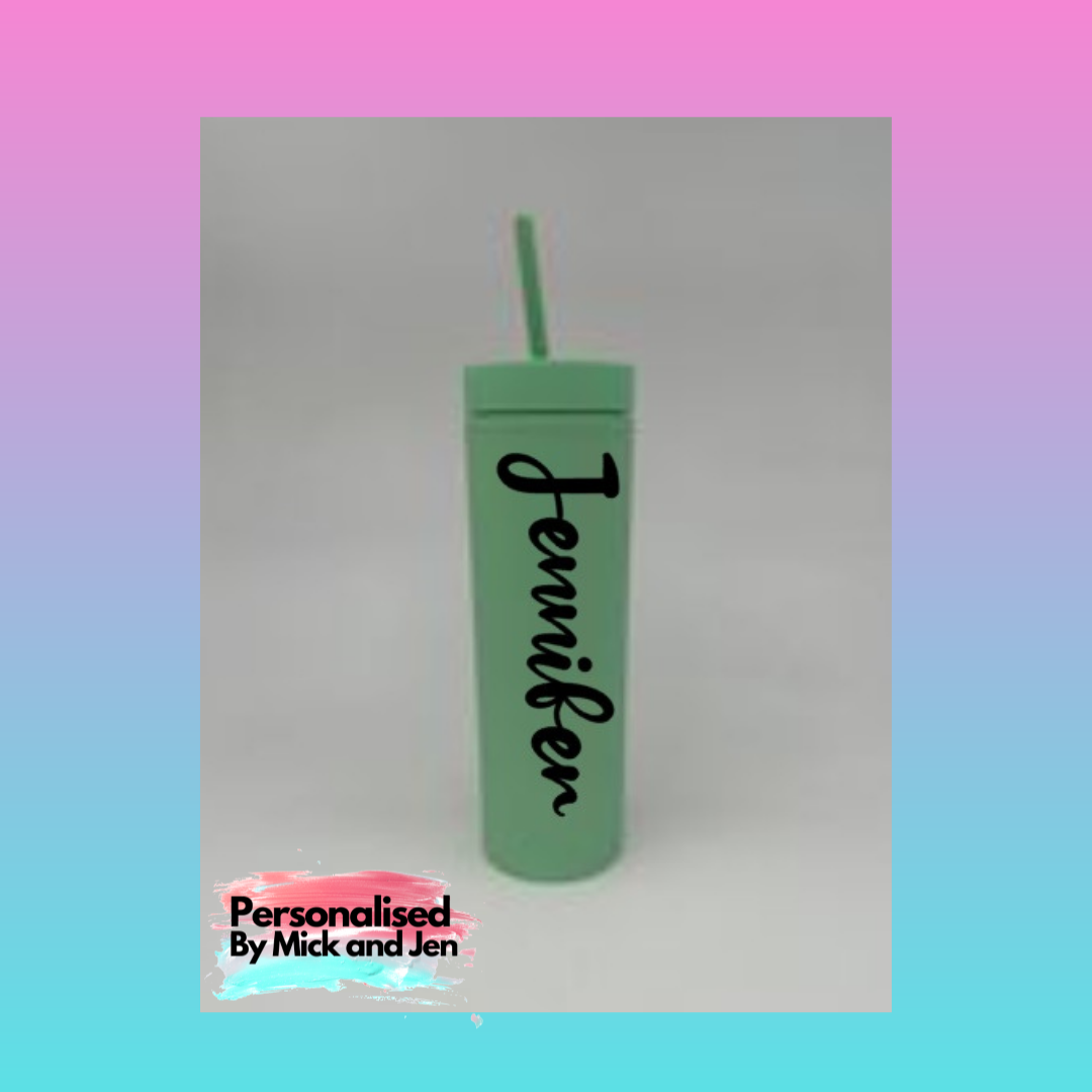 Personalised Skinny Tumbler Water Bottle Acrylic Tumblr Gift Travel Double-Walled Matt 16oz 473mls Screw lid