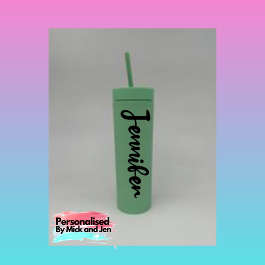 Personalised Skinny Tumbler Water Bottle Acrylic Tumblr Gift Travel Double-Walled Matt 16oz 473mls Screw lid